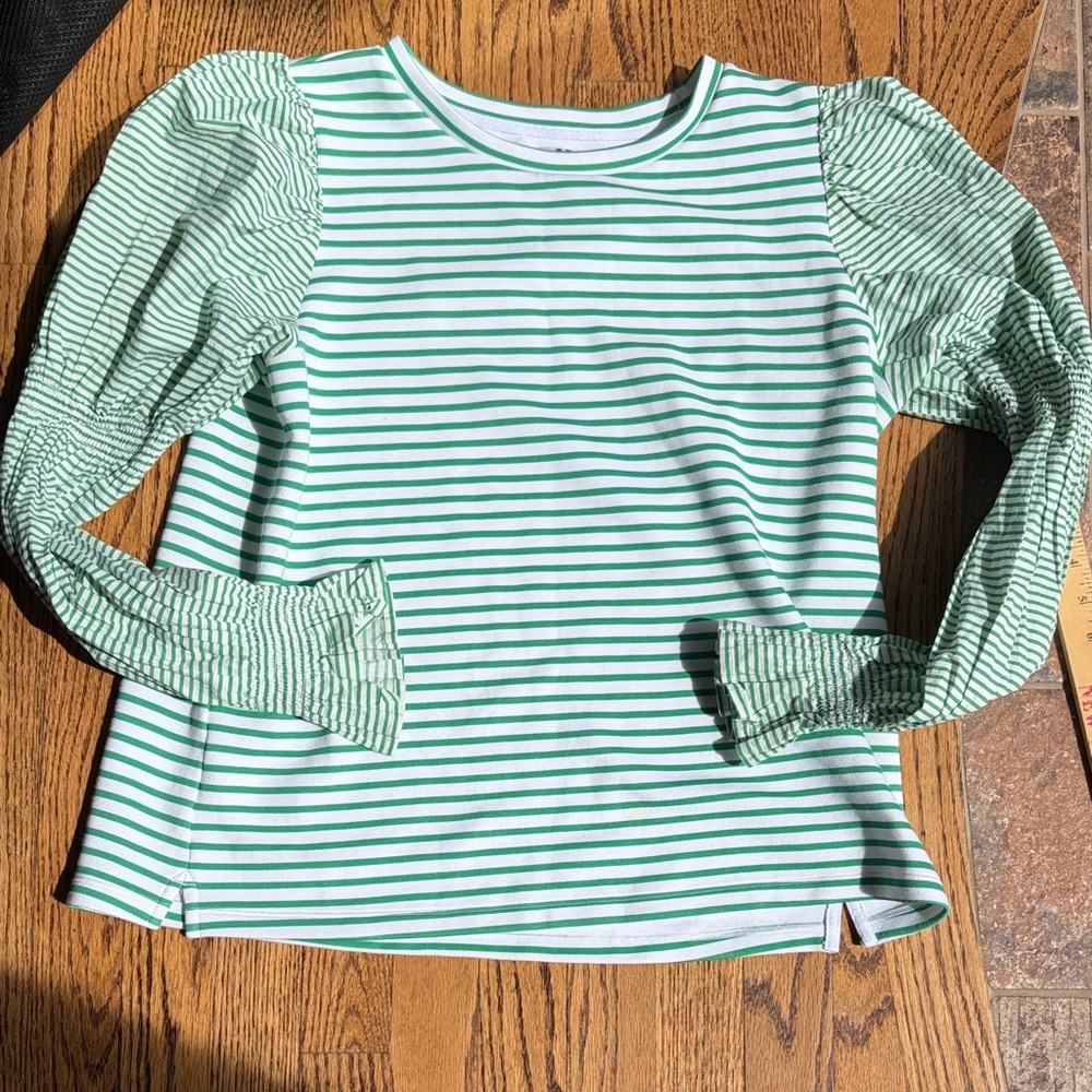 Addison Bay Palm Green & White Striped Long Sleeve Top with Puff Sleeves size L